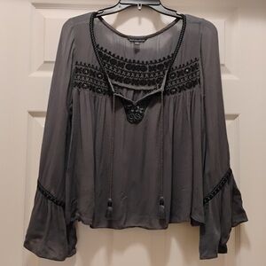 American Eagle Outfitters Women's Embroidered Boho
Blouse Gray Cropped Size M